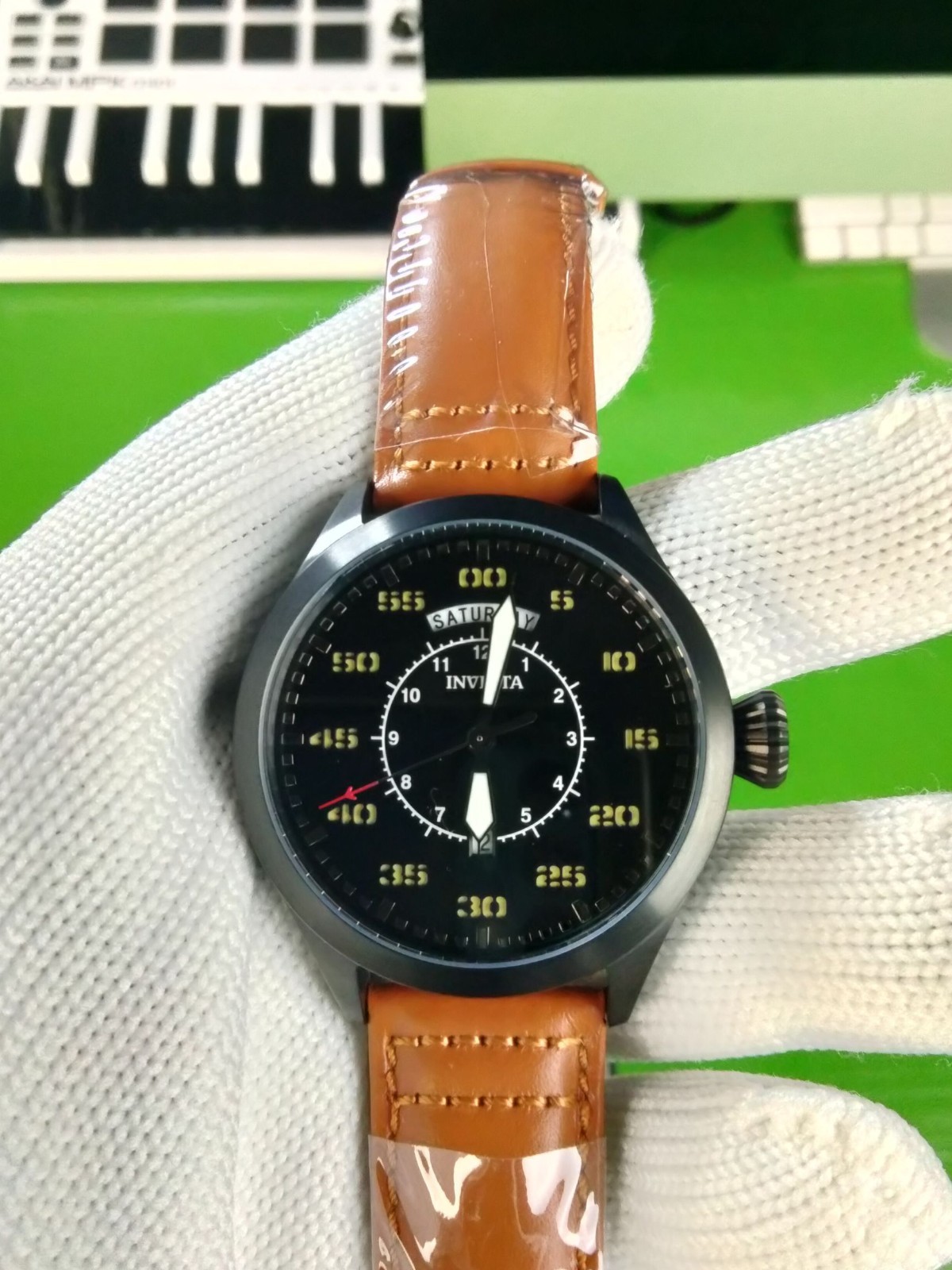 Invicta Aviator 22974 Men Black Case & Dial Tan Leather Strap Quartz Watch 45 mm