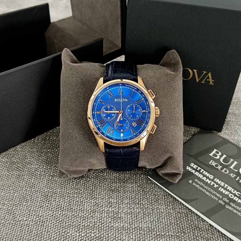 Bulova Wilton Men’s Blue Dial Croco Pattern Leather 97B170 Quartz Watch 46.5mm