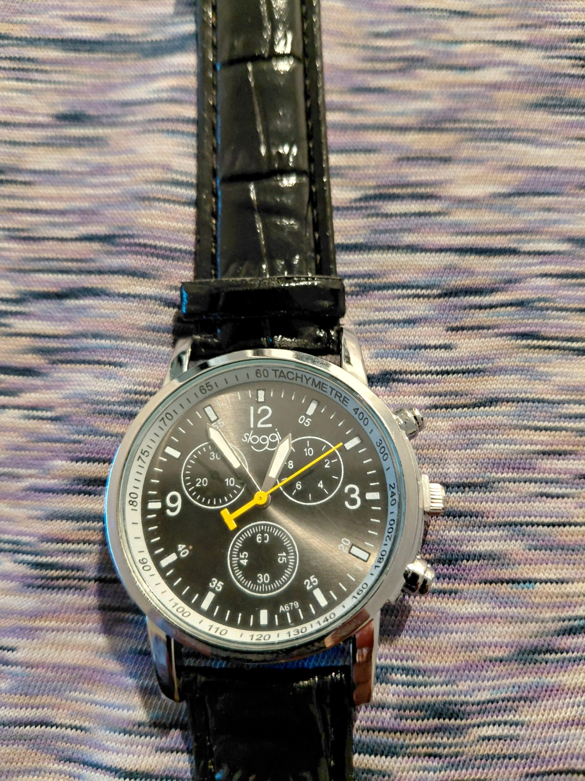 sloggi Chronograph Tachymeter Quartz Watch Black Dial Leather Strap Silver Case