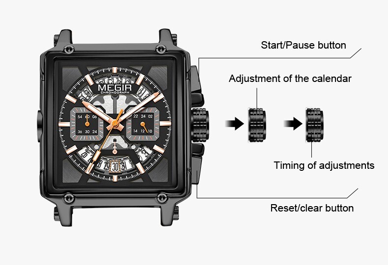 MEGIR Monaco Chronograph Calibre Homage Luminous Auto Date Square Men’s Watch