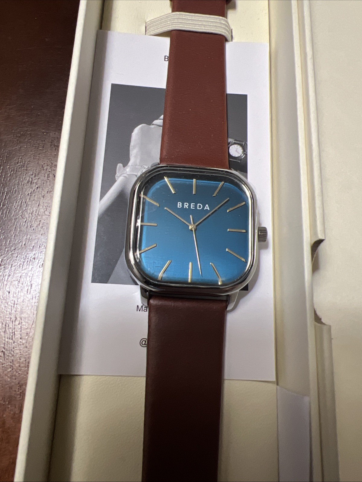 Breda Visser Men’s Watch – Square Blue Dial – Leather Band – New Battery!