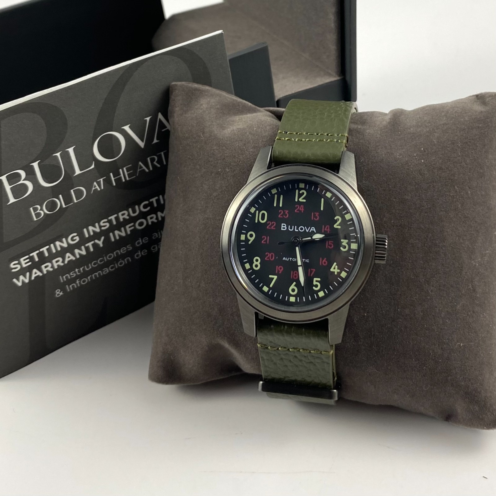 Bulova Hack Men’s 98A255 Military Automatic Black Dial Green Leather Strap Watch