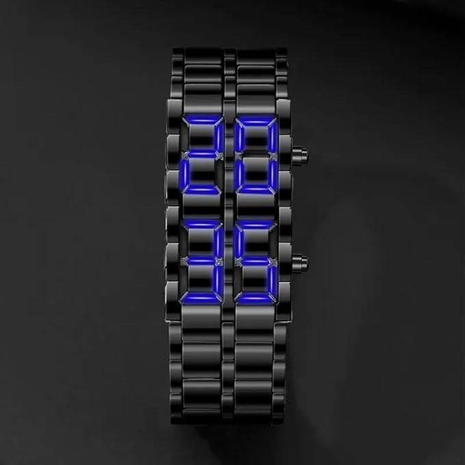 LED Digital Watch, Black & Blue Stainless Steel Lava Style, Samurai Bracelet