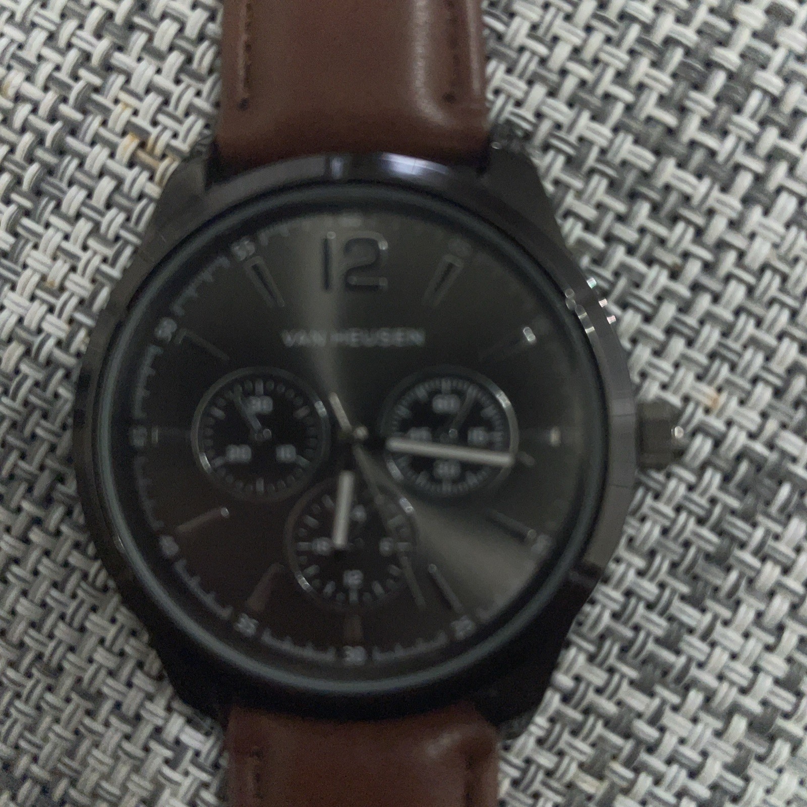 Van Heusen Men’s Quartz 46mm Black Dial Brown Leather Strap Watch