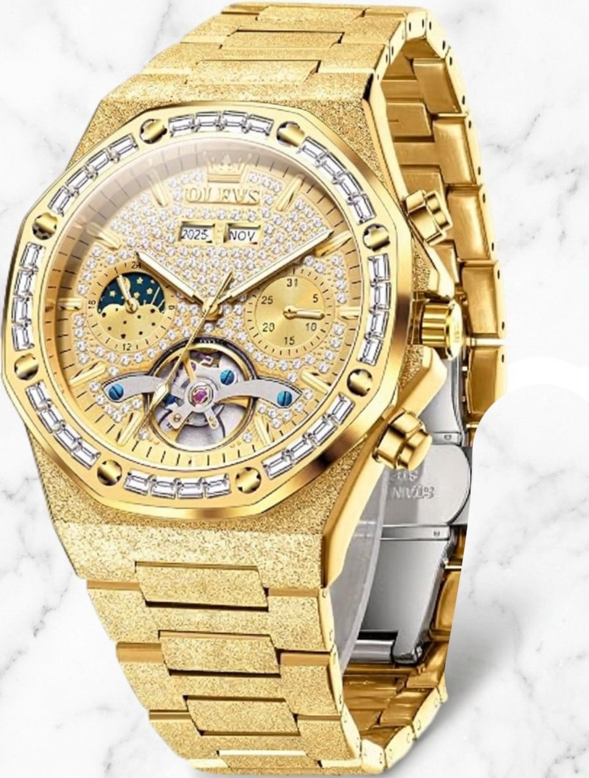Men’s Luxury Jewel Business Watch Self Winding Wristwatch Gold Dial Bling Olevs