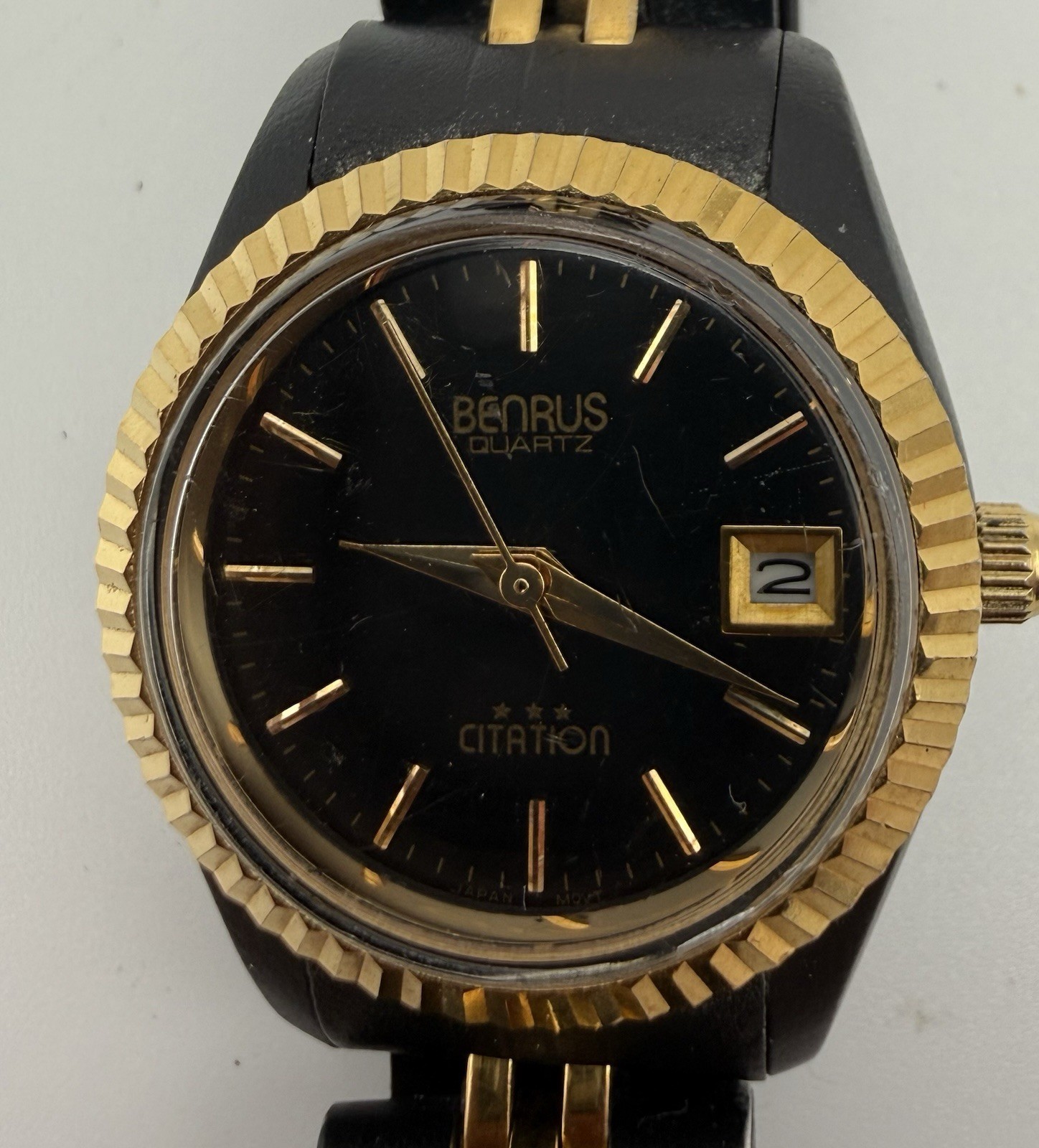 Womens Benrus Citation Quartz Two-Tone Metal Bracelet Black Dial Date Watch