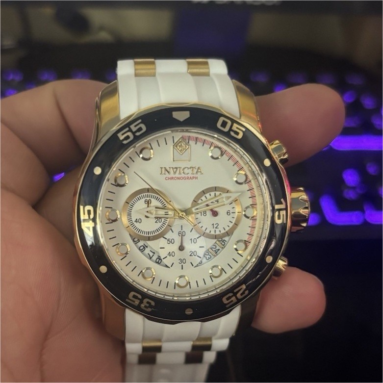 Invicta Men’s Chronograph Quartz 100m White Dial Black/Gold Bezel 48mm