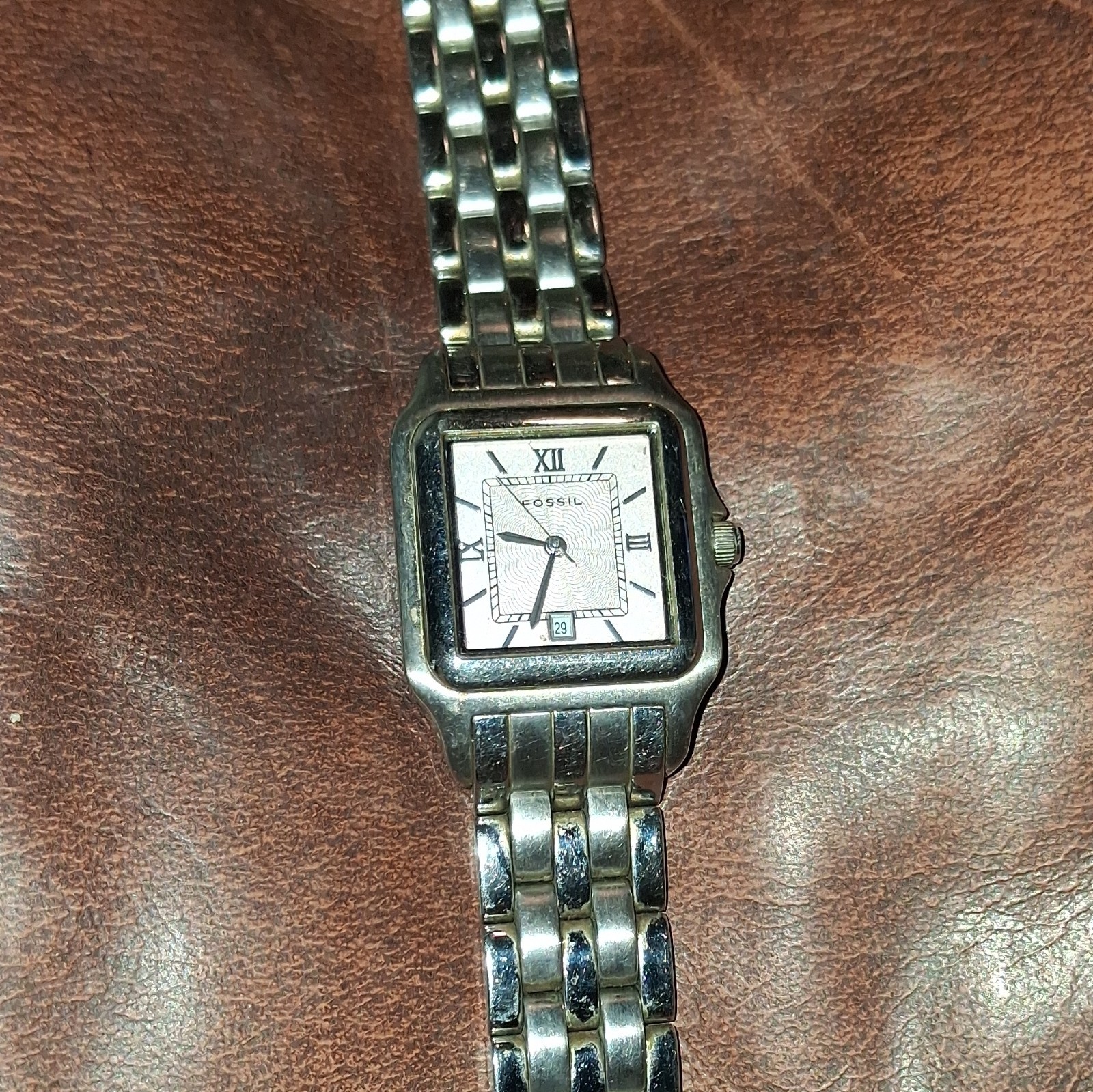 Fossil Quartz 30m Silver Dial Date Square Stainless Steel Bracelet Watch