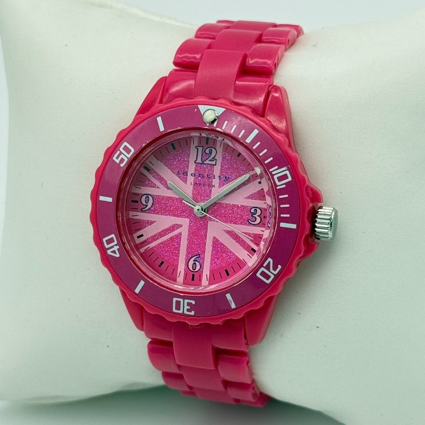 Ladies IDENTITY LONDON Pink Diver Style Union Jack Watch, Plastic Band, 36mm