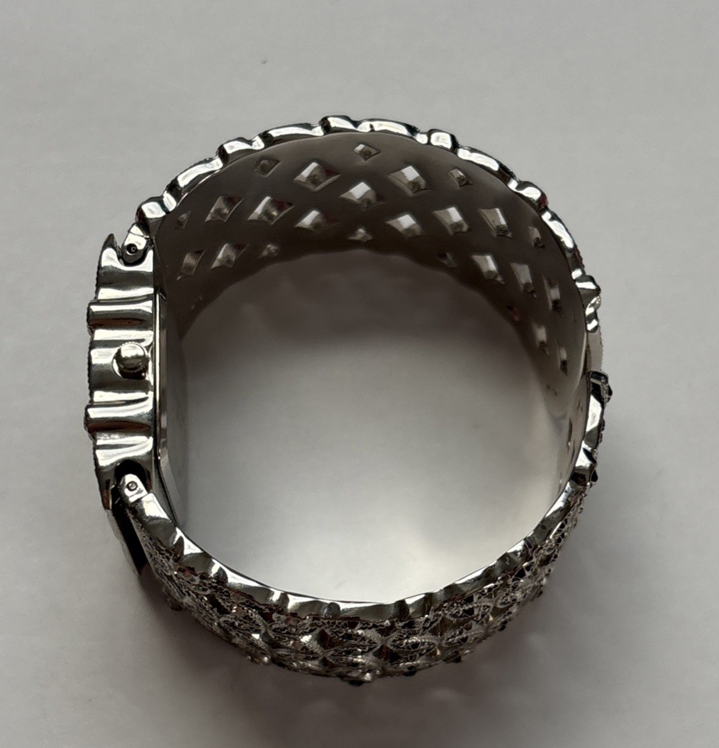 Massini Watch Women 29mm MOP Silver Tone Crystals Open Cuff Hinged Band