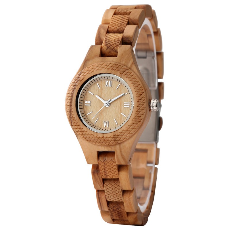 Trendy Vintage Watch for Women Unique Full Wooden Band & Folding Clasp Quartz