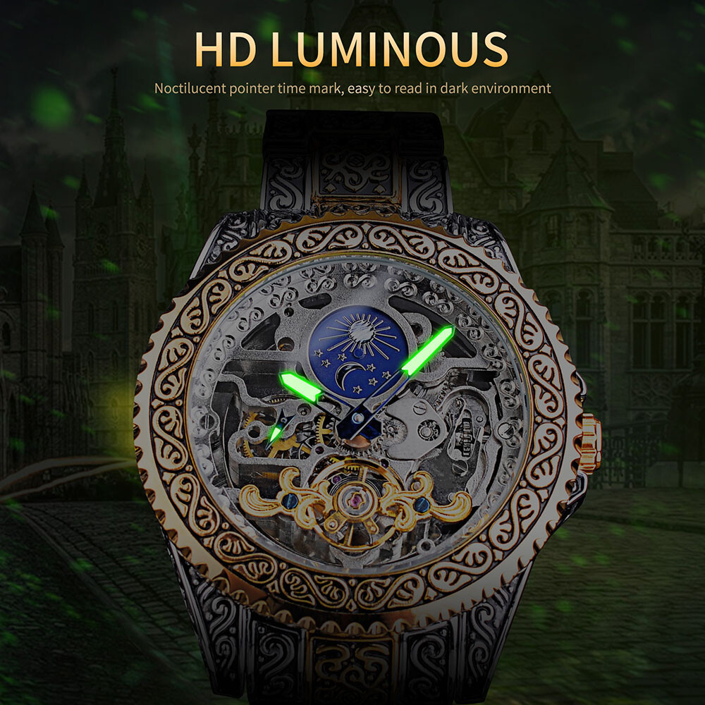 FORSINING Men Retro Luxury Carved Skeleton Tourbillon Automatic Mechanical Watch