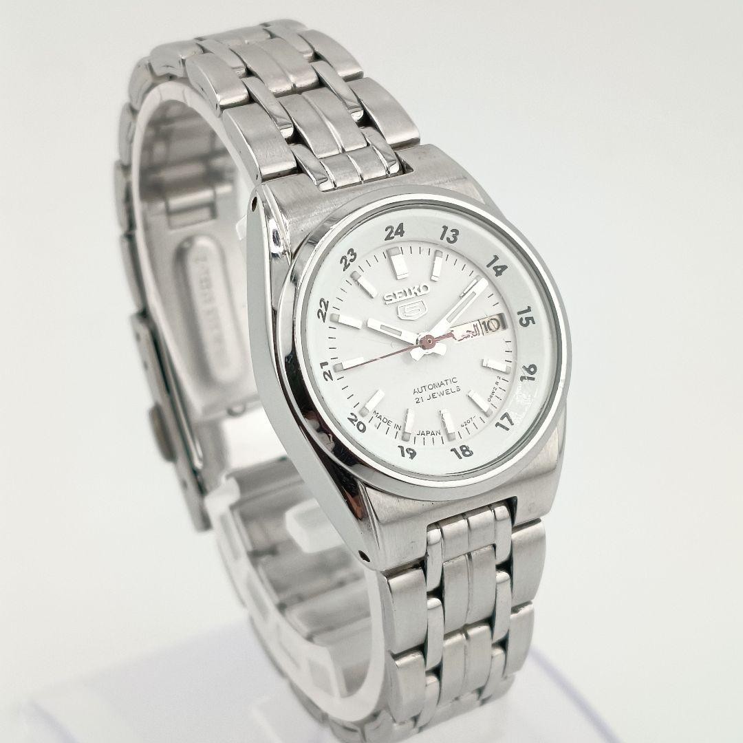 Seiko 5 Ladies Automatic Watch White Dial Arabic English Day Date 25mm