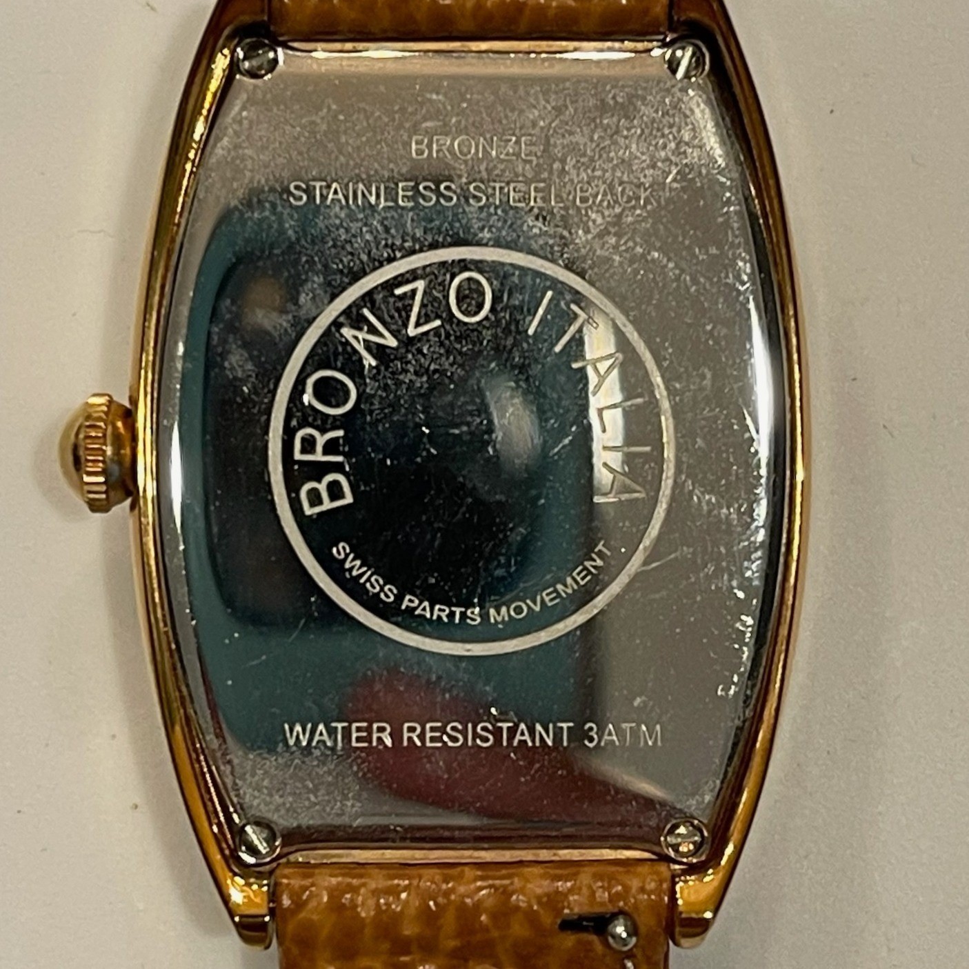 Bronzo Italia Rose Gold Tone Bronze Tonneau Watch Tan Leather Strap Swiss Parts