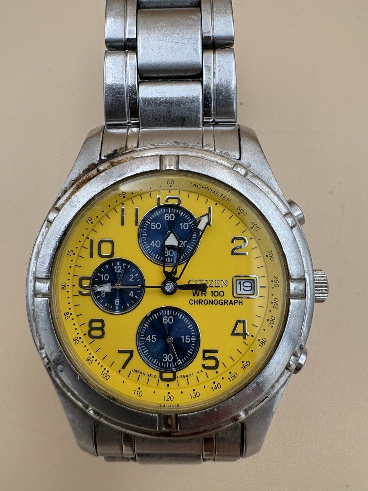 Citizen Chronograph WR100 Yellow Dial Stainless Steel Quartz Men’s Watch AS IS