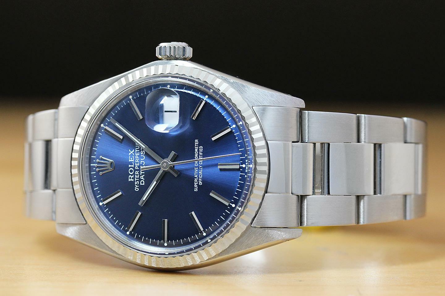 ROLEX MENS DATEJUST BLUE DIAL 18K WHITE GOLD & STEEL WATCH w/OYSTER BAND