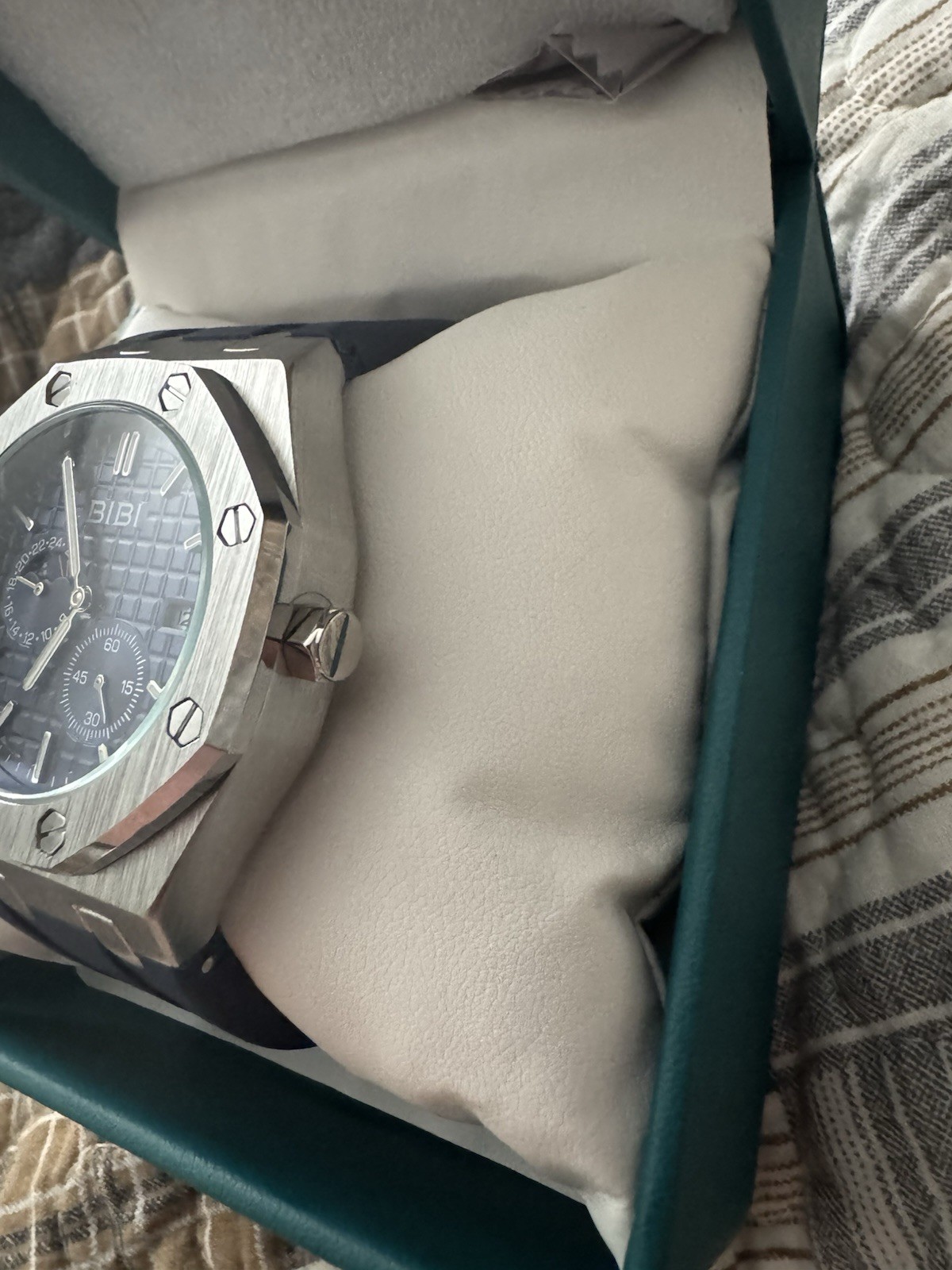 BIBI Luxury Watch Quartz Blue Tapisserie Dial Silver Case Blue Rubber w/ Box