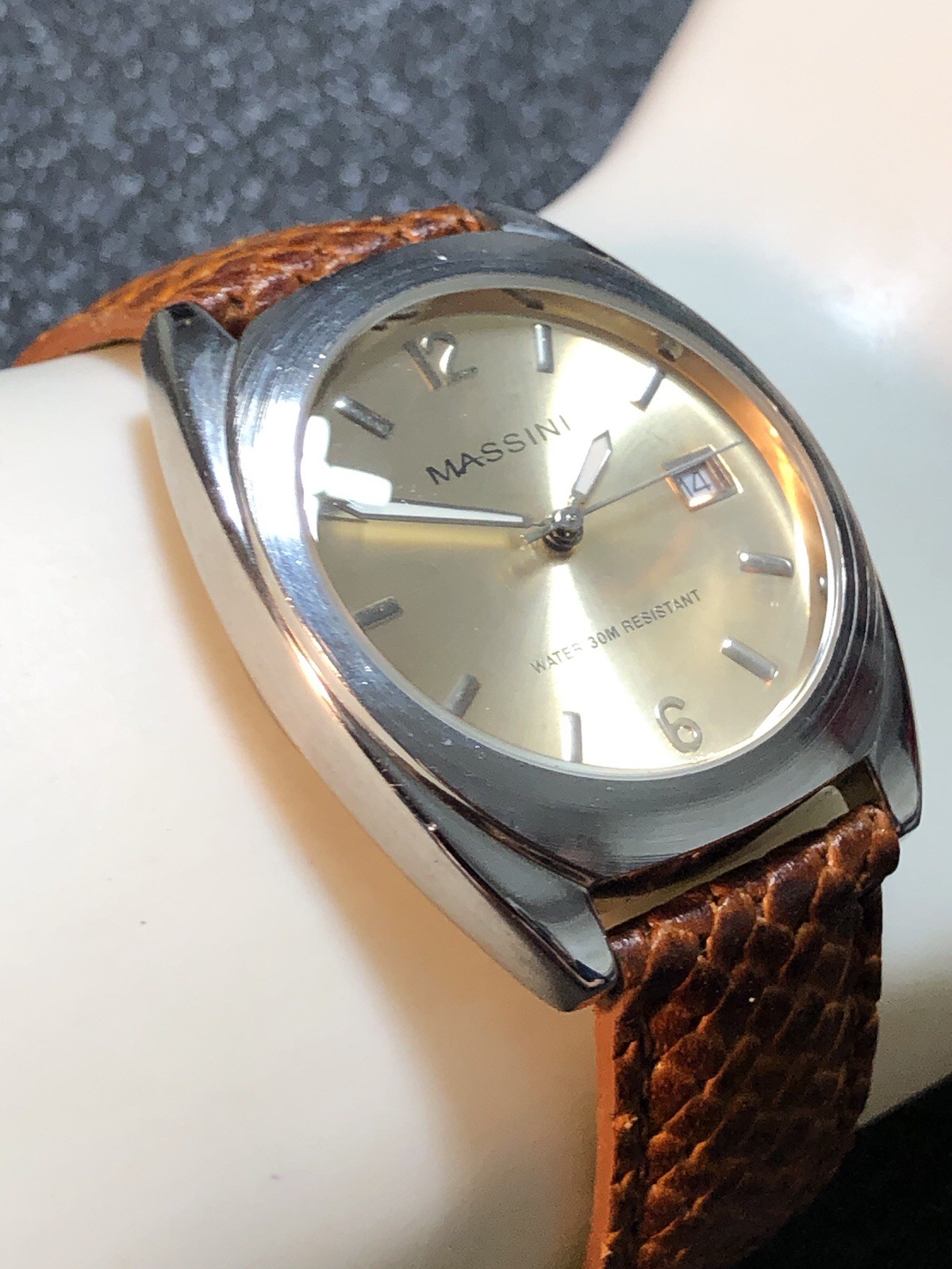 Massini Watch Silver Tone Brown Leather Band Japan Quartz,Date,35mm New Battery