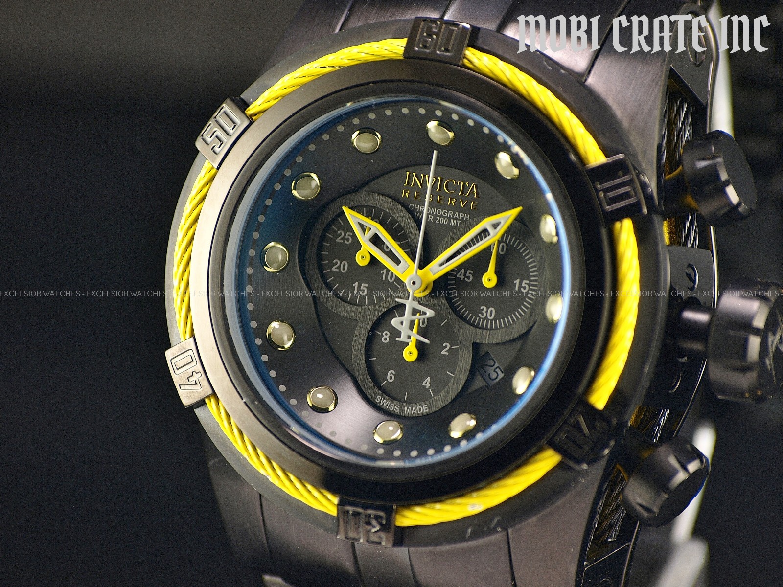 Rare Invicta 53mm RESERVE BOLT ZEUS Swiss Made Chrono Black Yellow SS Watch