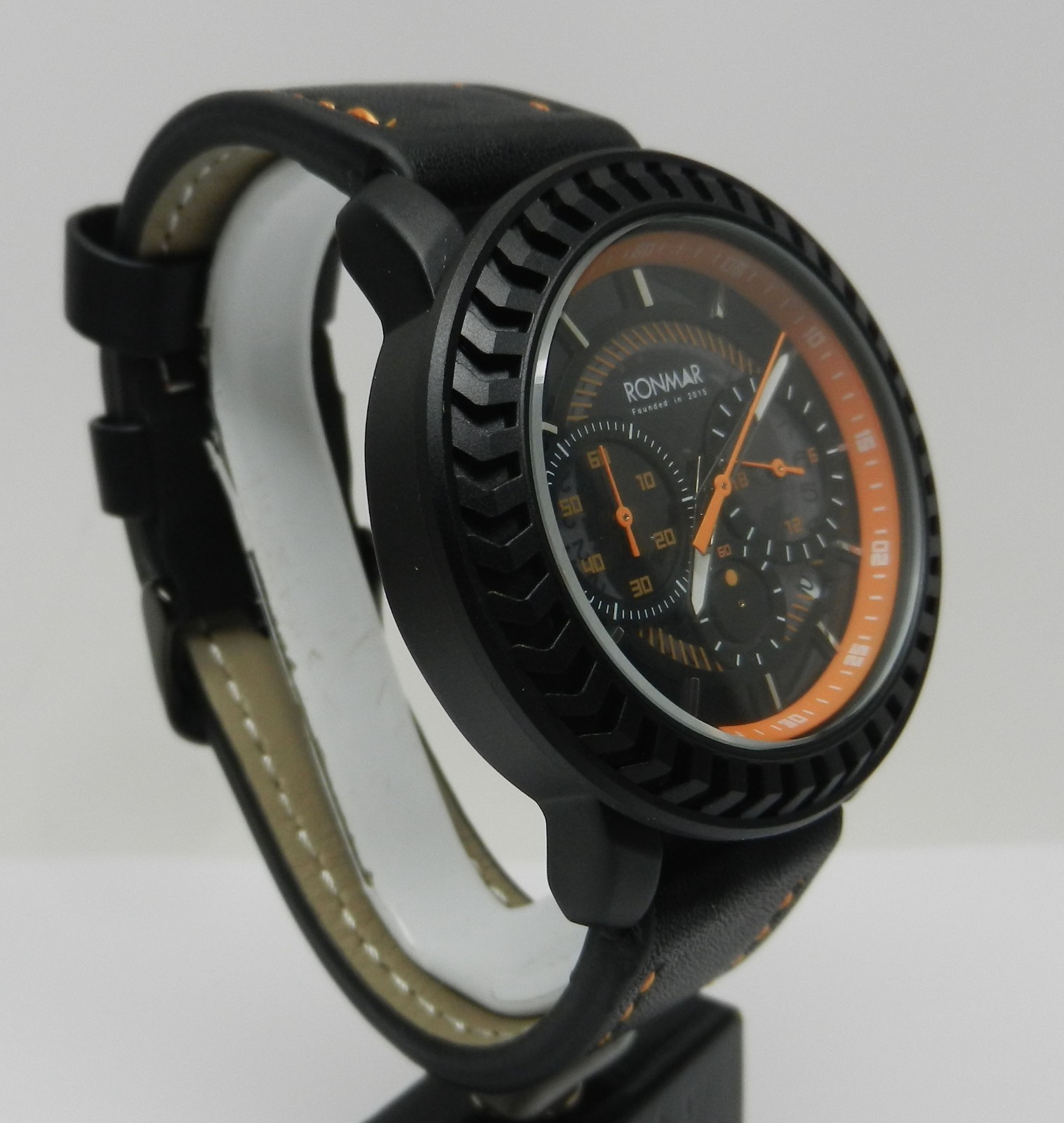 Men’s 44mm Chronograph Date Dial Black Orange With Leather Strap Rugged Watch