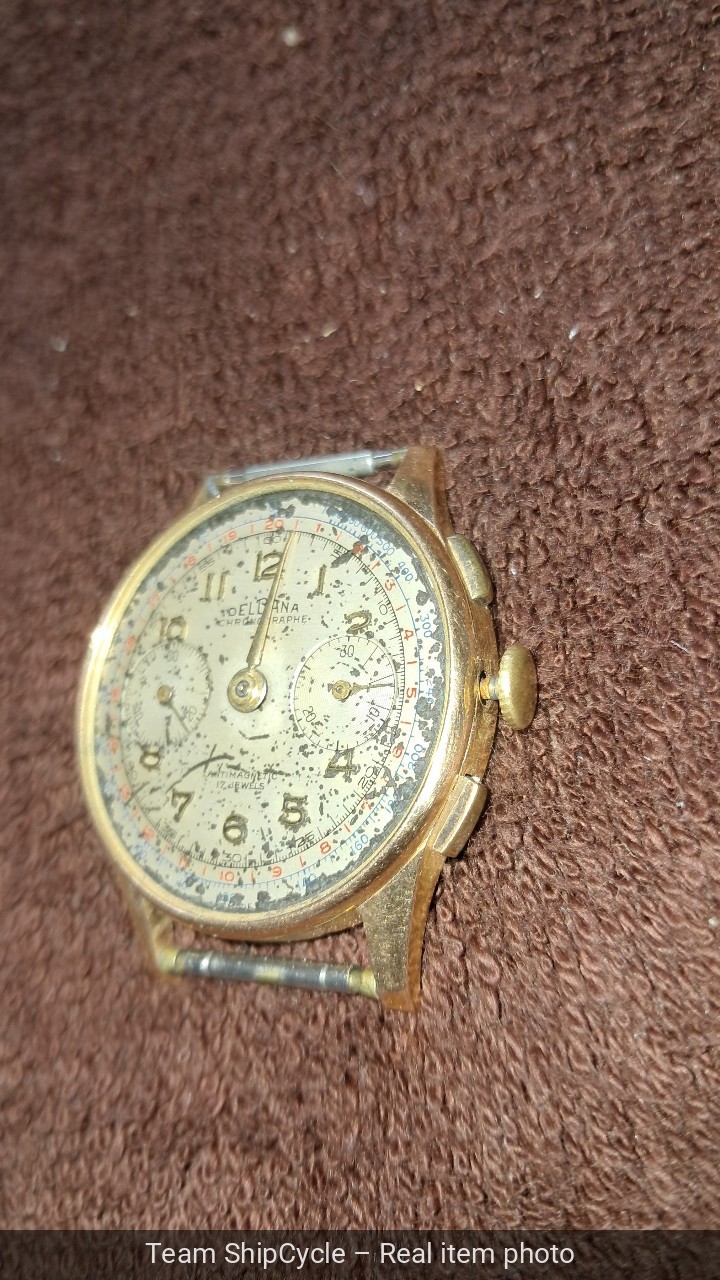 DelBana Chrono Mens Watch c1930s 18K Gold OffWhite Dial CLEAN AS IS G2U