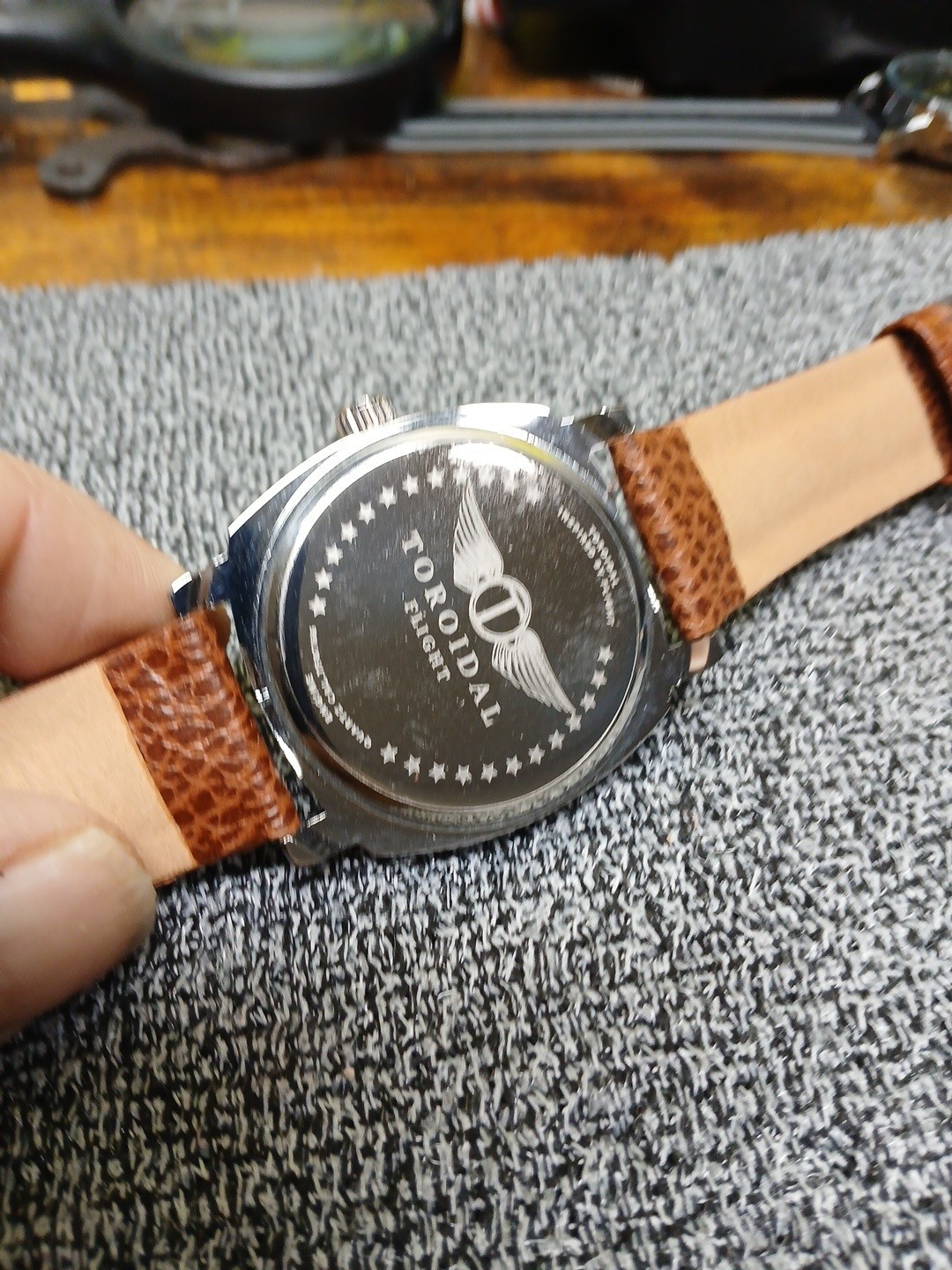 Torodial Flight Offduty Wristwatch. Black Face Sikver Bezel. Ostrich Type Band