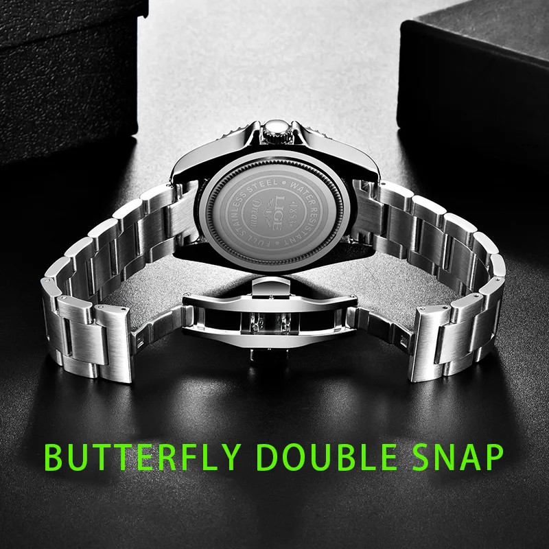 LIGE Business Men Watches Auto Date Quartz Watch Mens Stainless Steel Military M