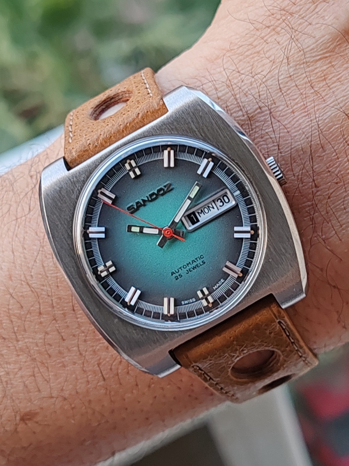 Sandoz Automatic 1746Z-84-8 Teal Gradient Dial Vintage 1970s