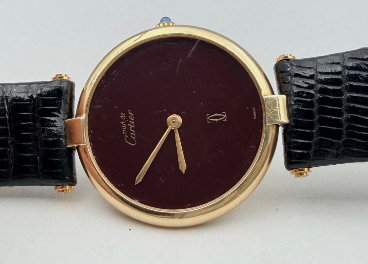 Cartier must de Cartier Original Maroon Burgundy Dial 18K Gold Plated 30mm WORKS