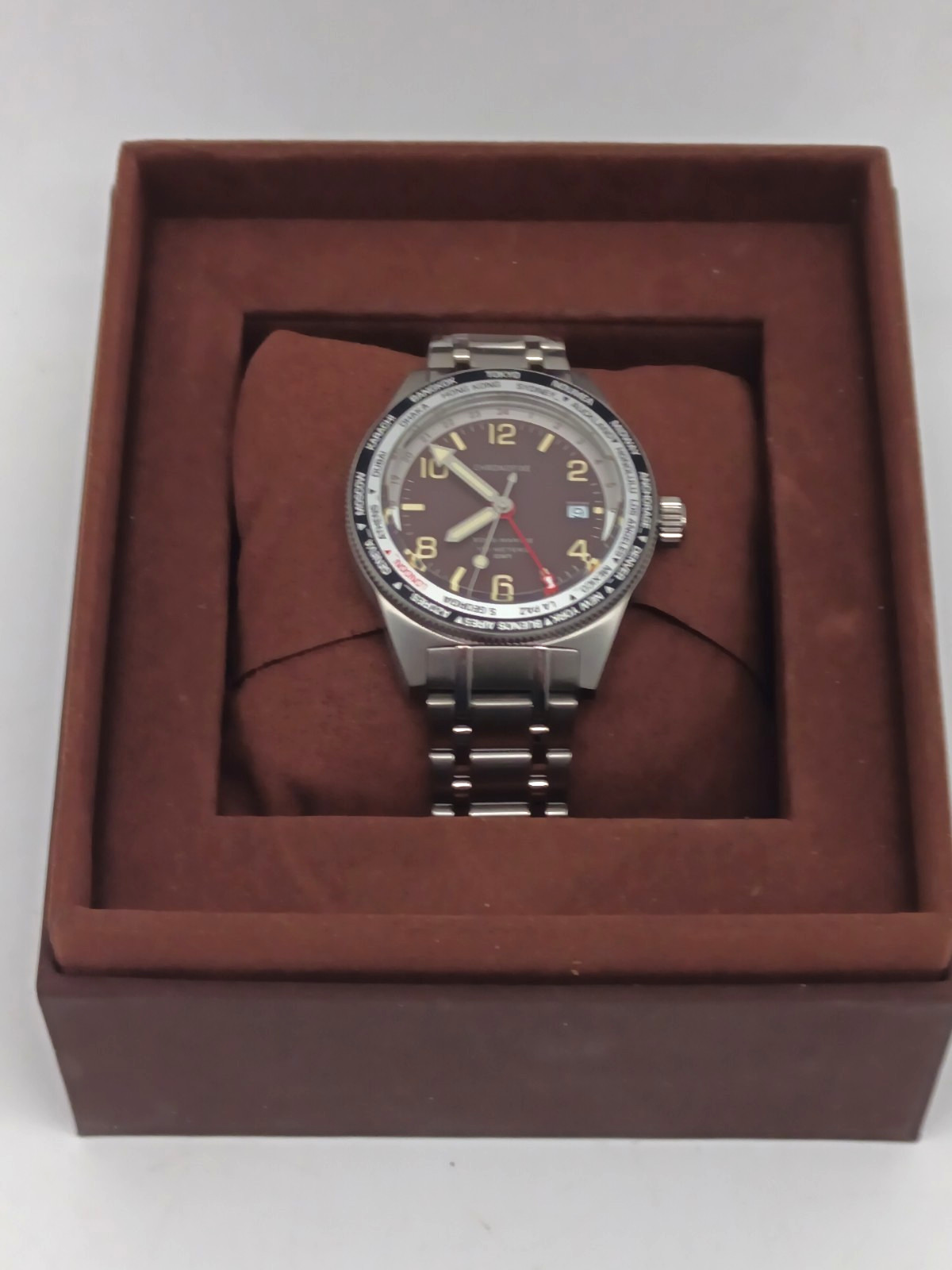 Chronofixe Sous-Marine GMT Watch 100M World Time Bezel Brown Dial Men’s + Box