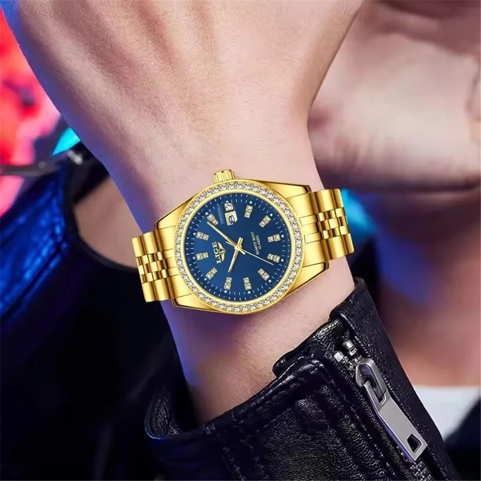 LIGE Men Quartz Watch Full Gold Steel Wristwatch Male Business with Date Watches
