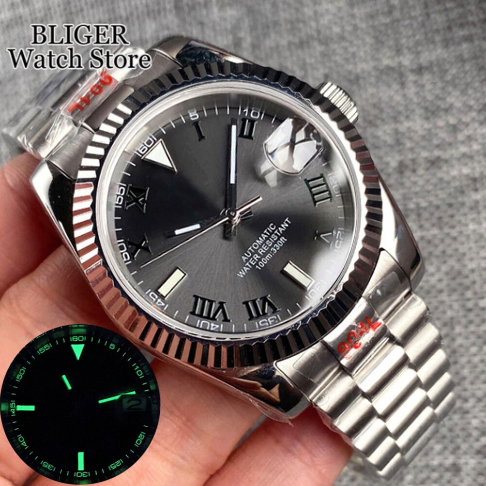 New 39mm NH35 Automatic Watch Men Grey Dial Green Roman Numerals President Strap