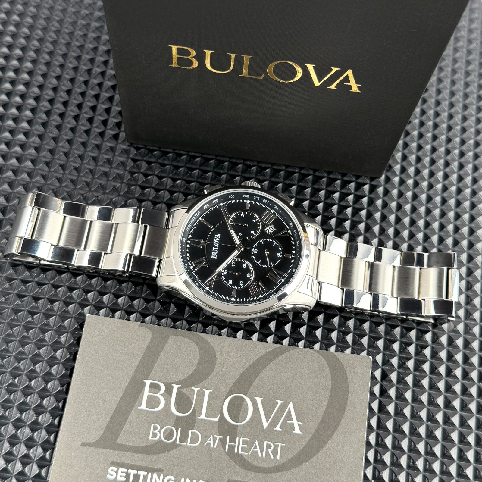 Bulova Wilton Classic Chronograph Black Dial 96B288 Silver Men’s Watch 46.5mm