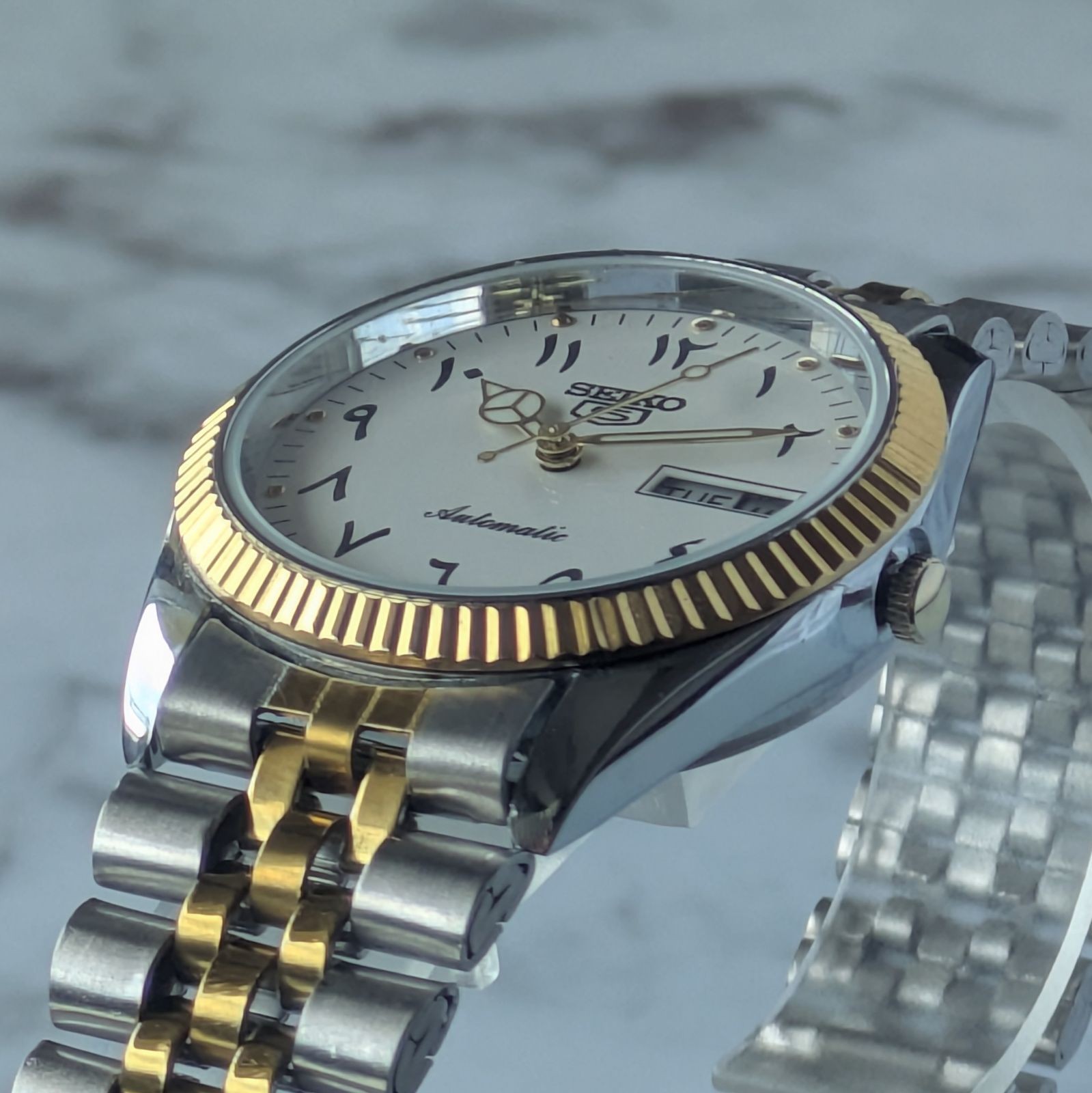 SEIKO 1980-1989 5 Automatic White Dial Gold Bezel Watch Wrist 19cm From Japan
