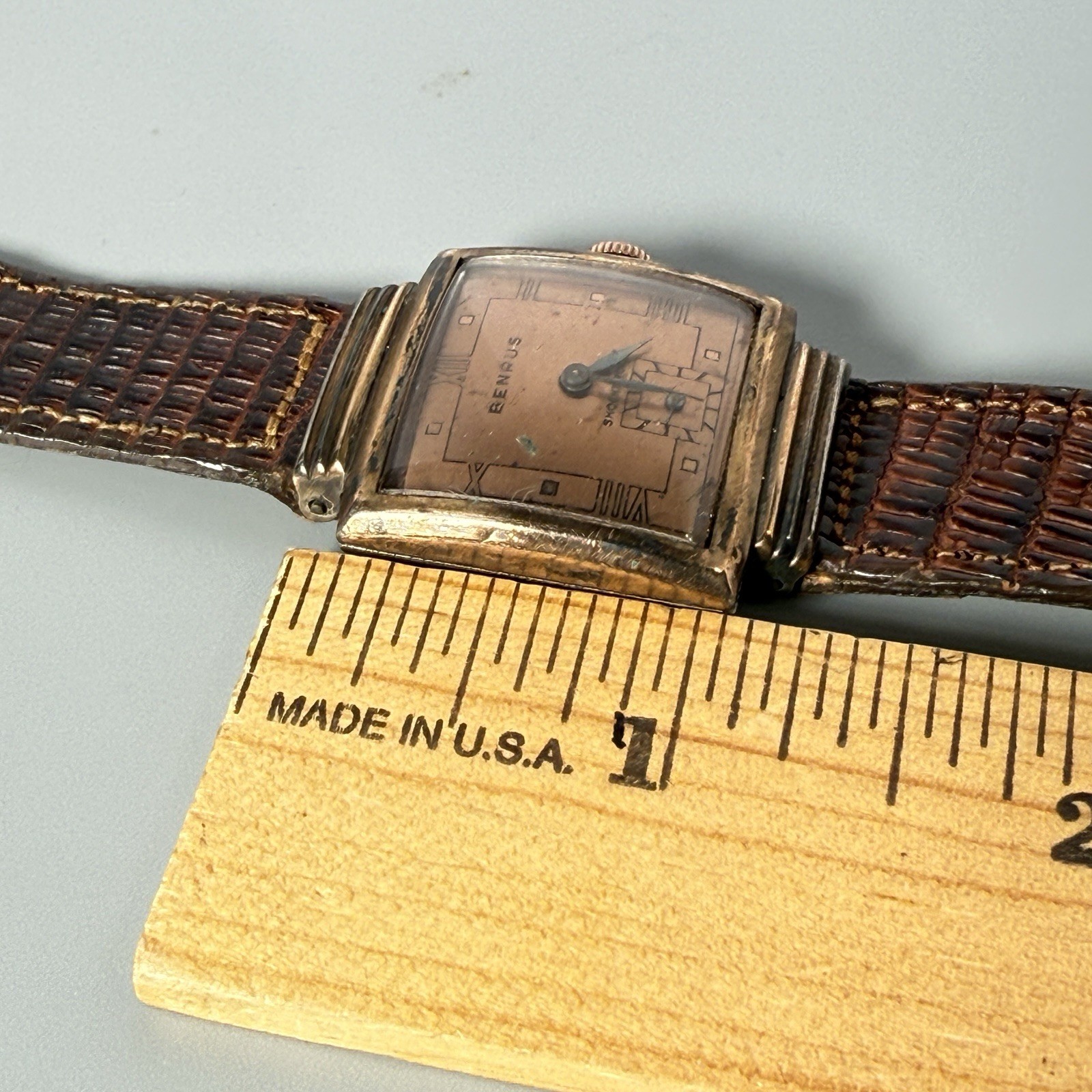 Vintage BENRUS Mens Tank Dress Watch Mechanical Cal Art Deco Dial