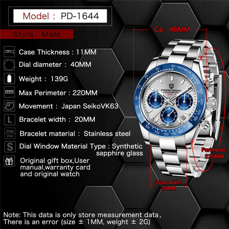PAGANI DESIGN Men’s Quartz Watch Japan Chronograph VK63 Stainless Steel Watches