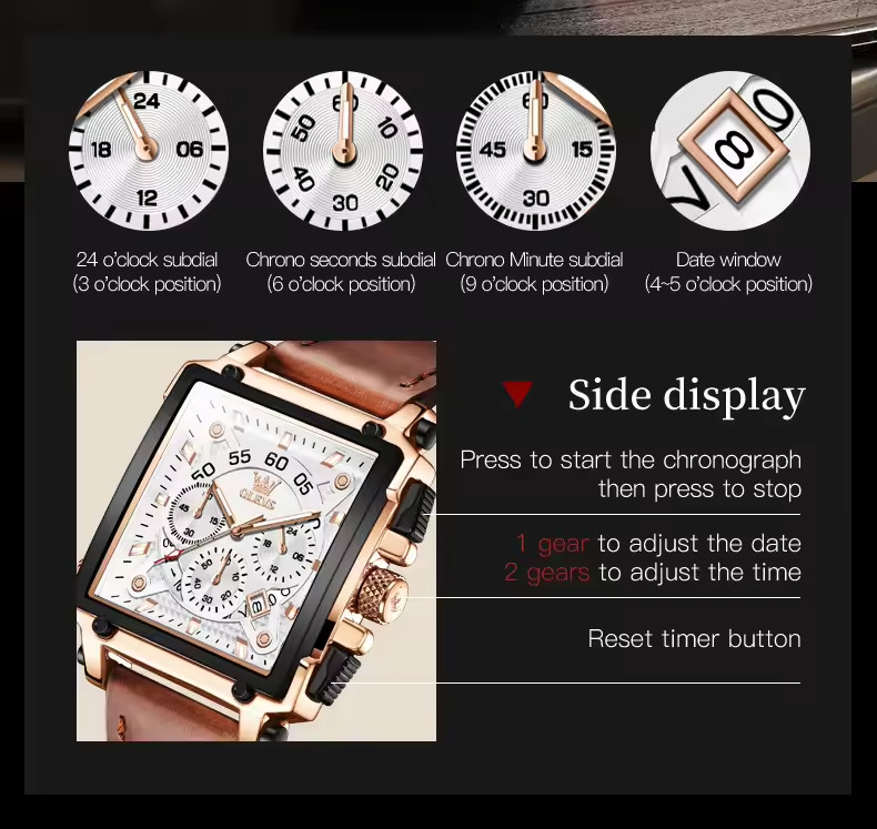 OLEVS 9919 Square Quartz Wristwatch  Waterproof Luminous Sports Men’s Watch