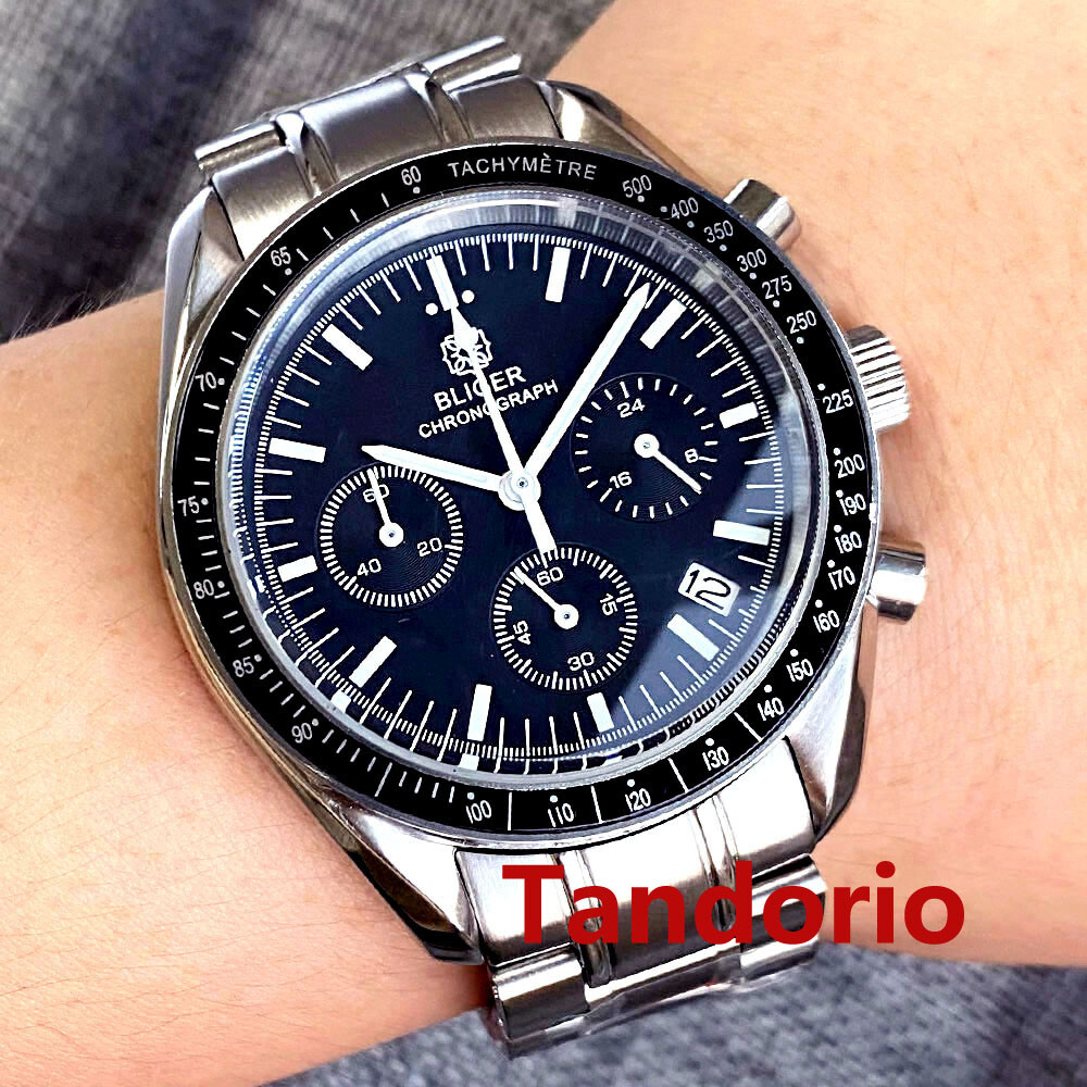 Bliger 40mm Quartz Full Functional Chronograph Watch Black Dial Folding Clasp