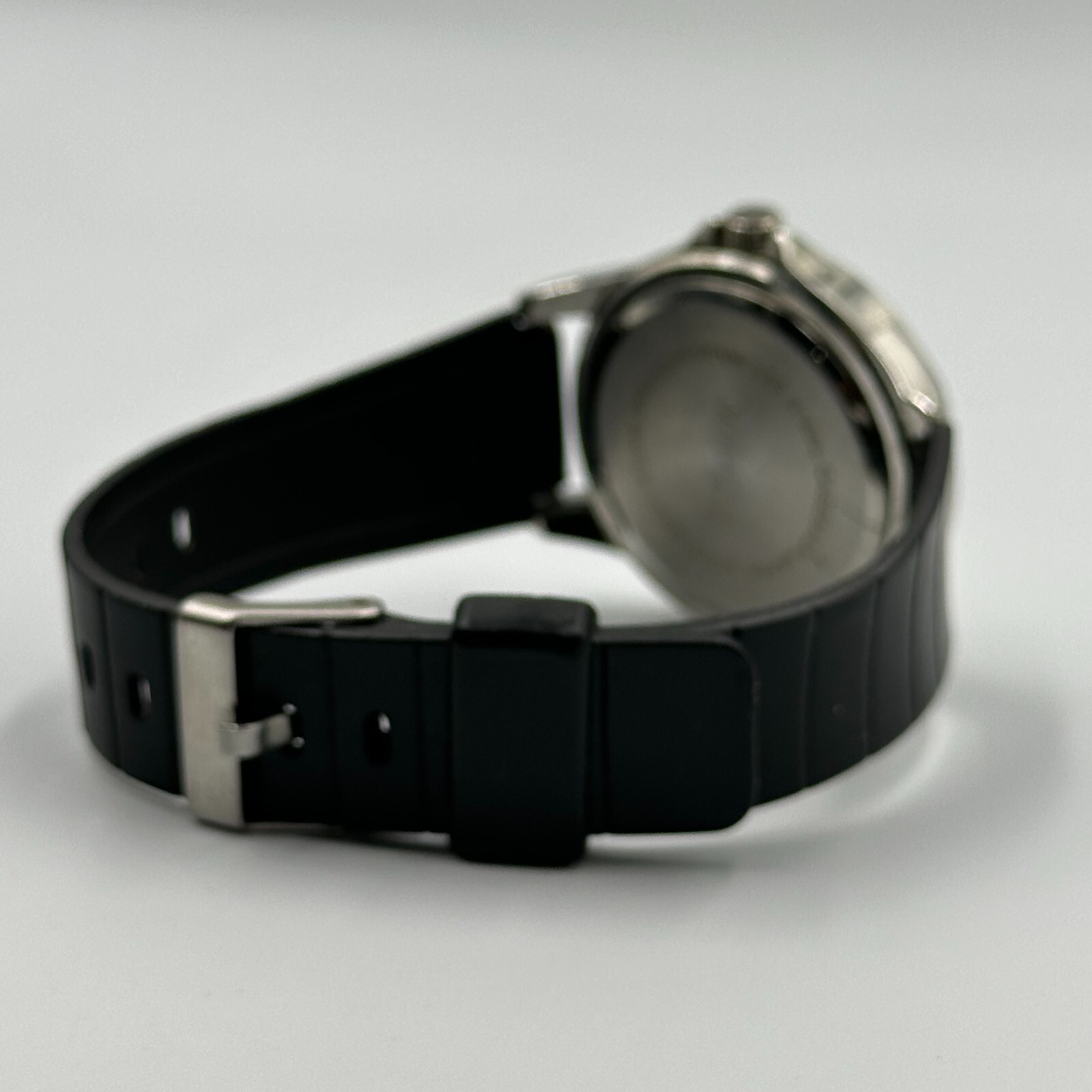 Massini Watch Women Silver Tone Round Case Black Silicone Band New Battery 9″