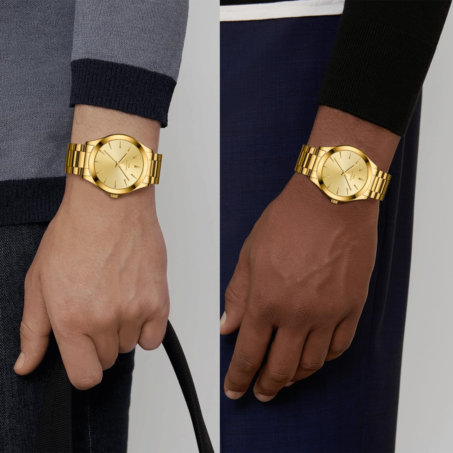 Men’s Waterproof Analog Quartz Watch 46mm Stainless Steel Gold Plated Case Strap