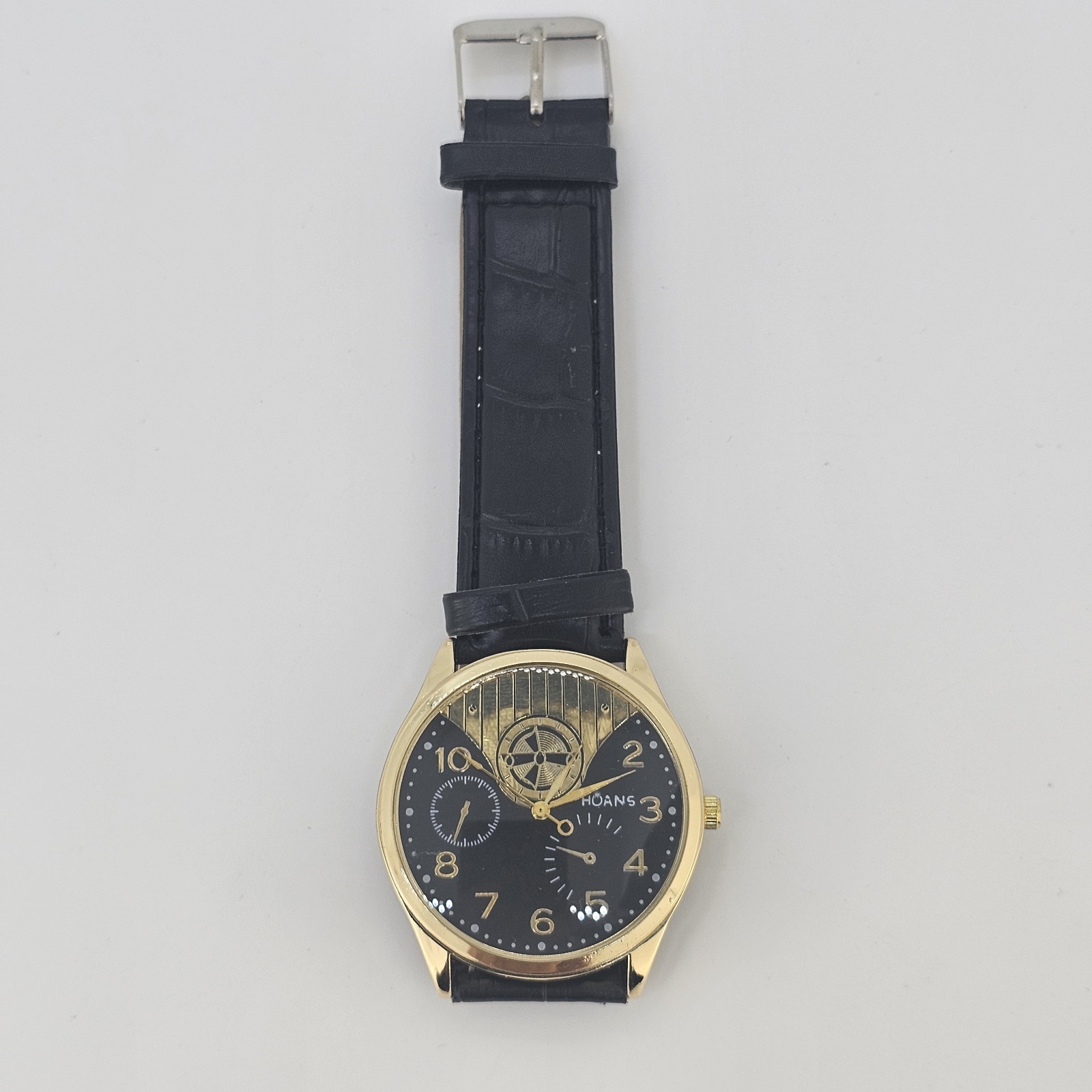 Men’s Analog Watch 38MM Black Dial Black Faux Leather Bands New Battery