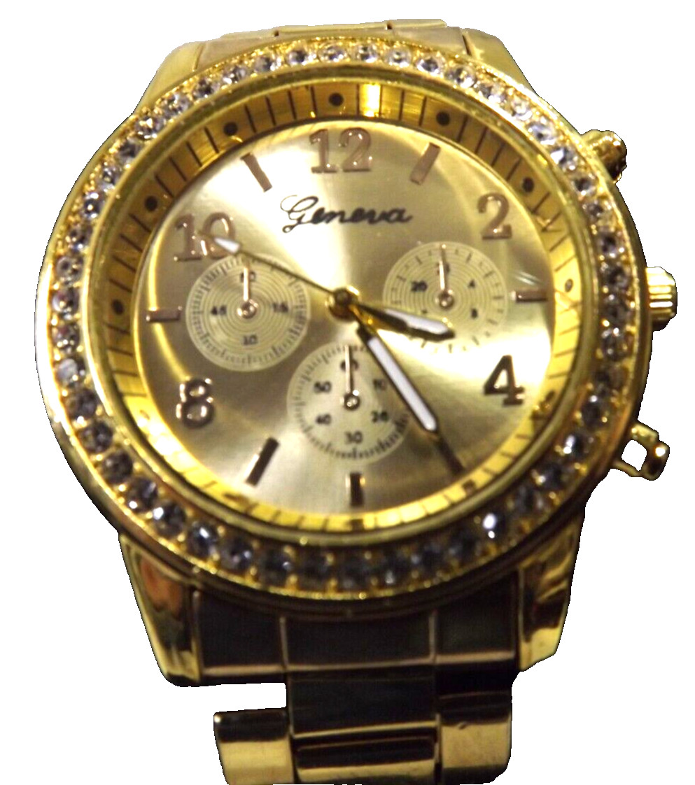 Geneva GoldTone Face Casing & Band Numerical Second Hand Rhinestone Quartz NEW