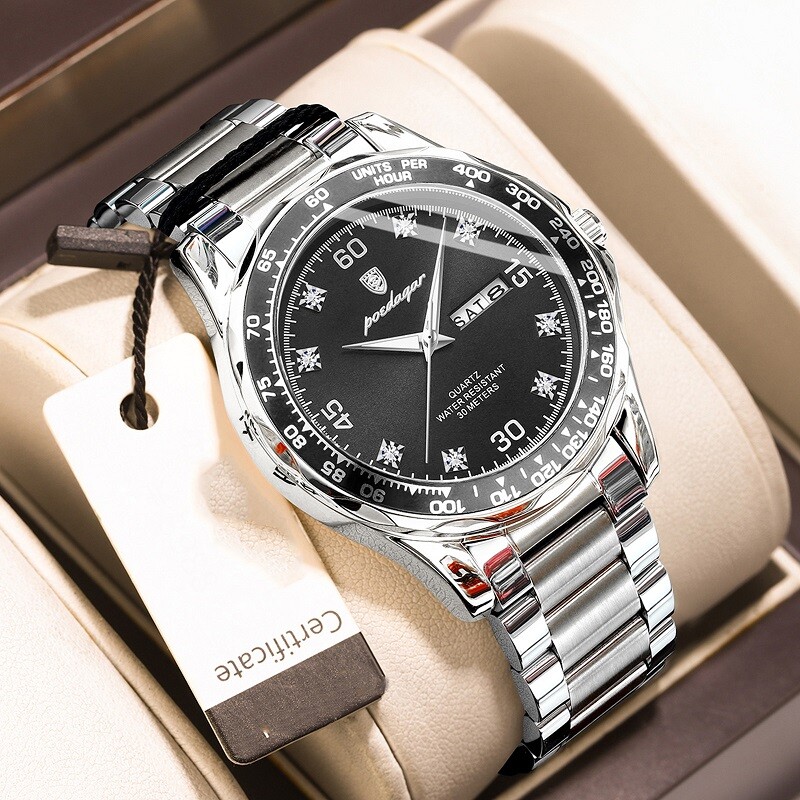 POEDAGAR Men Date Watch Quartz Wristwatch Waterproof Luminous Stainless Watches