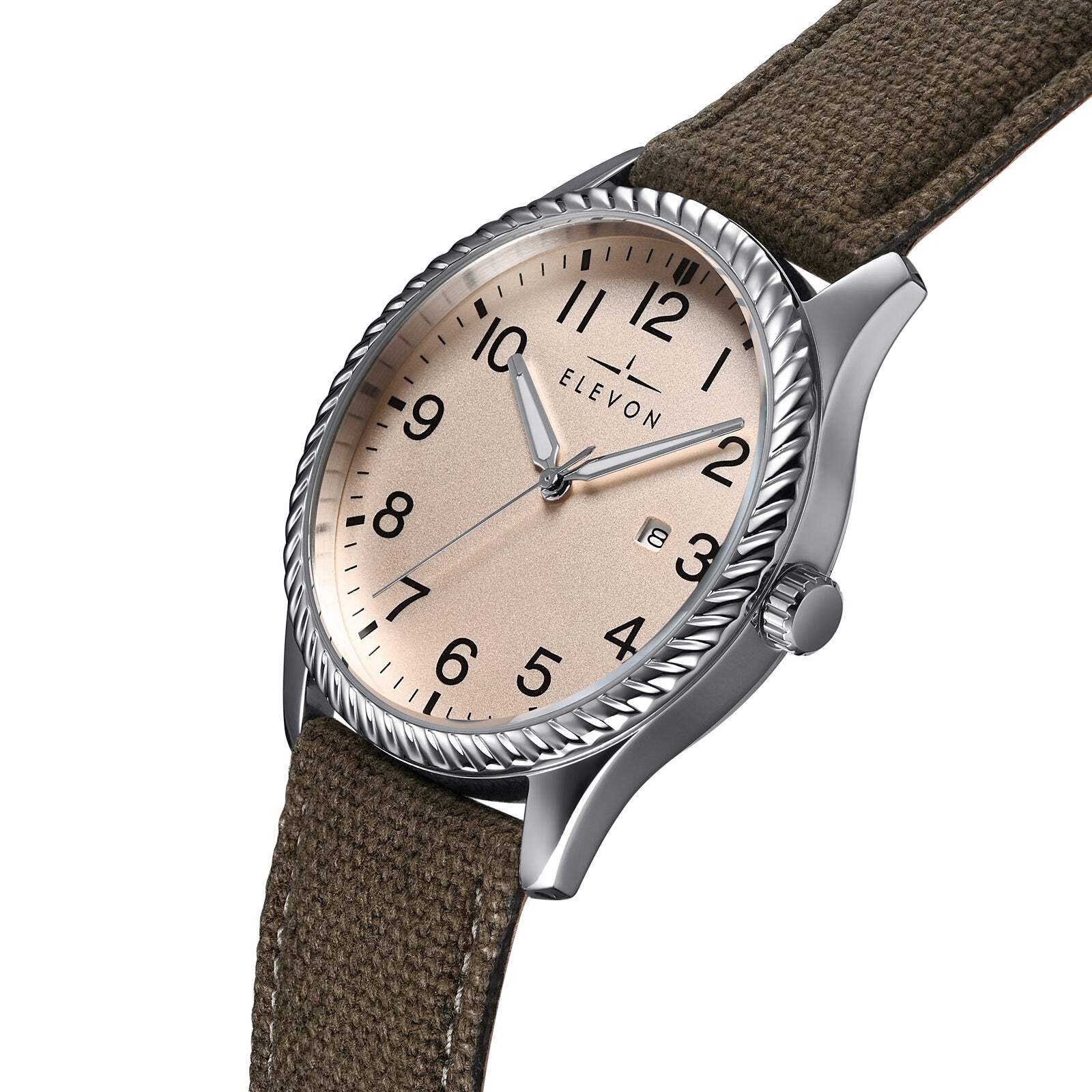 Crosswind Canvas-Overlaid Leather-Band Watch w/ Date Tan/Olive | Tan Dial Wristw