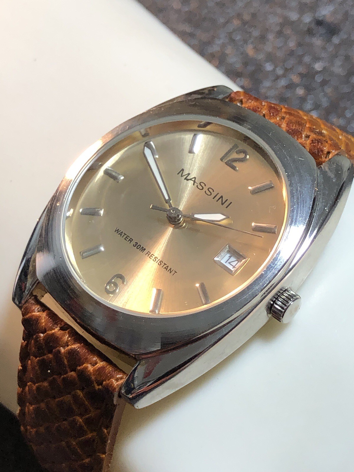 Massini Watch Silver Tone Brown Leather Band Japan Quartz,Date,35mm New Battery