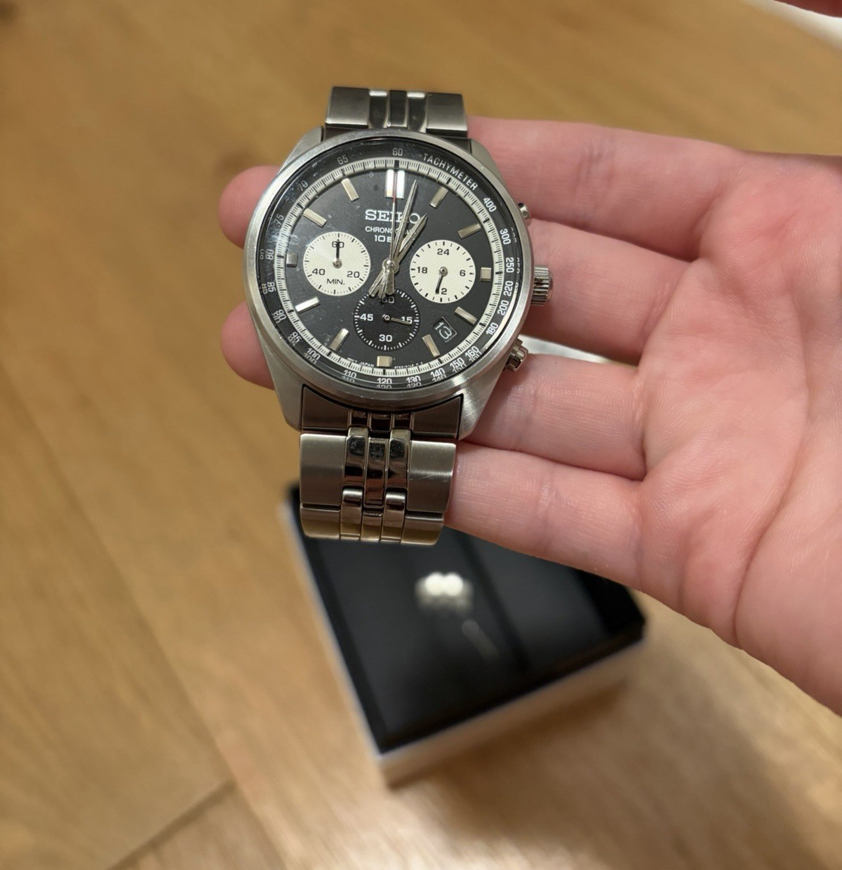 Seiko Quartz Chronograph Tachymeter Black Dial 41mm Steel Seiko Reverse Panda