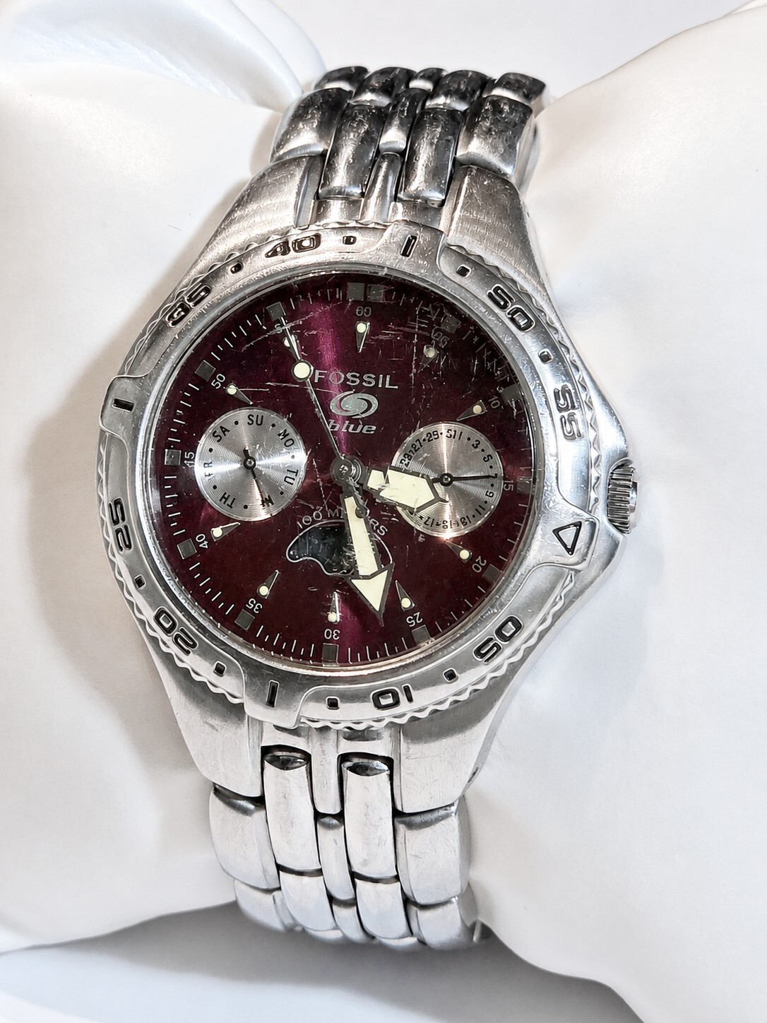 Fossil Blue BQ9144 Moon Phase Date Day Subs Watch Burgundy Dial Battery