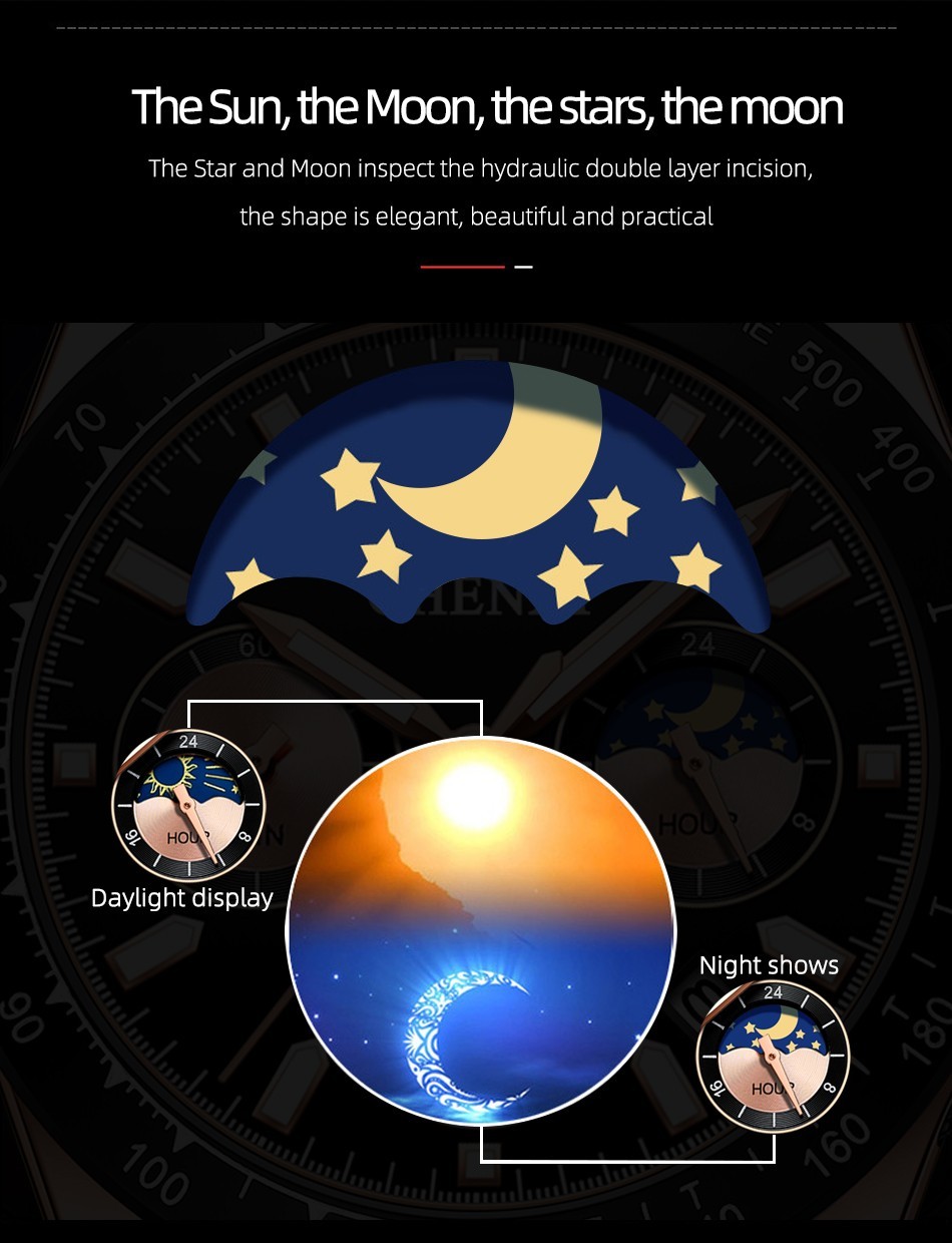 CHENXI Men’s Rose Luminous Calendar Chronograph Moon Phase Business Quartz Watch