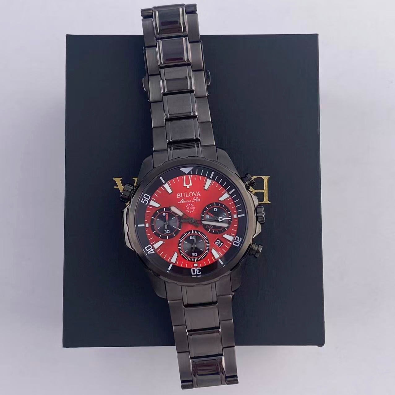 Bulova Marine Star 98B350 Men’s Chronograph Quartz Watch Red Dial Stainless 43mm
