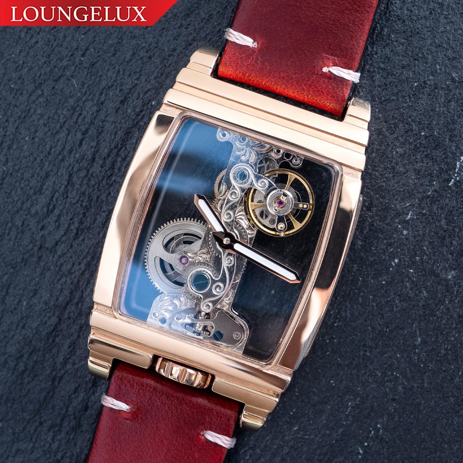 Mens Rose Gold Manual Mechanical Watch Dark Red Oil Waxed Vintage Leather Strap
